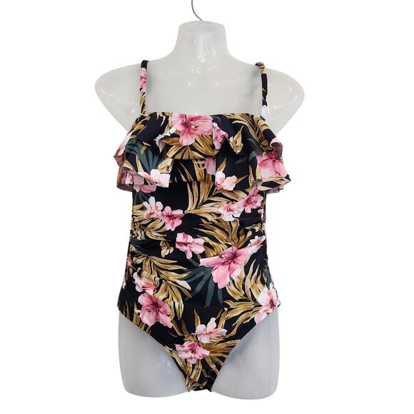 Kona Sol Black Pink Floral One Piece Swimsuit Chest Ruffle Padded Size Small - Picture 1 of 12